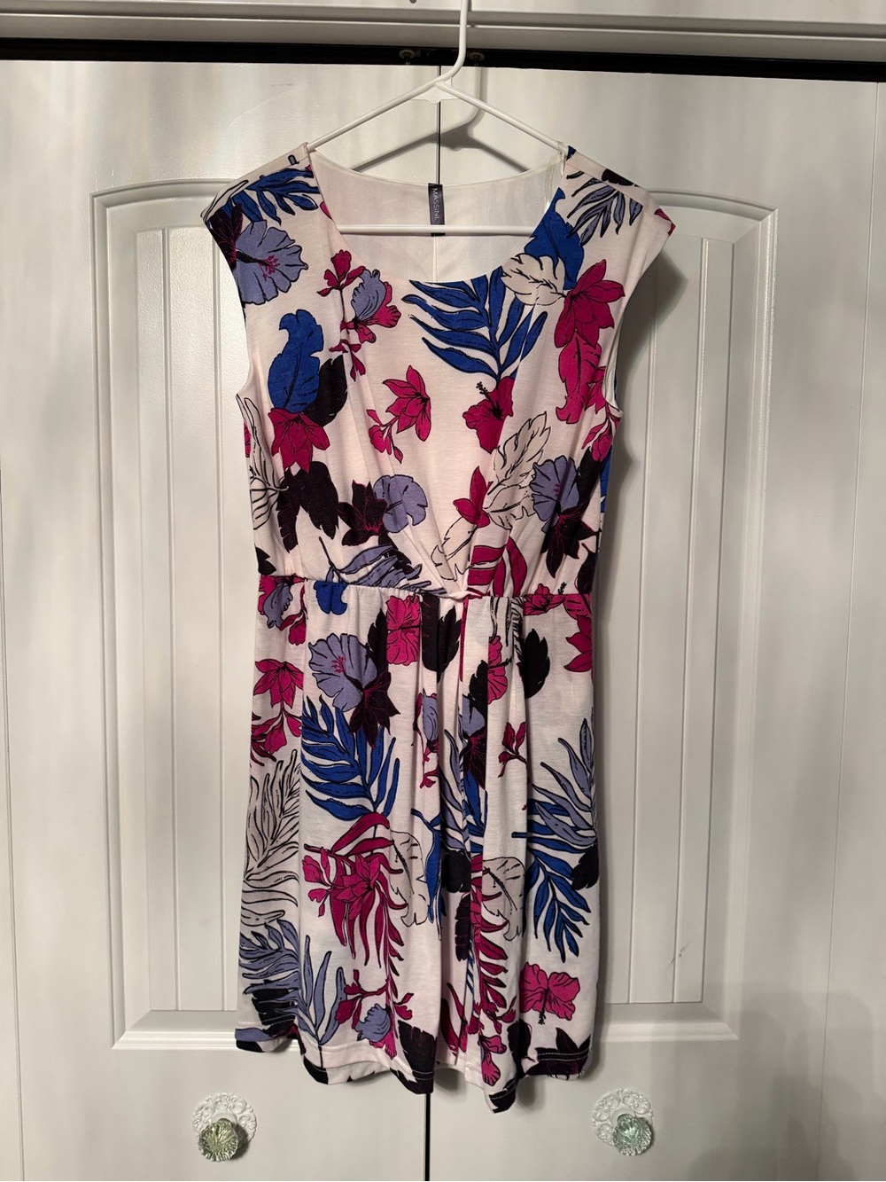 Massini White Midi Dress with Blue & Pink Floral Print